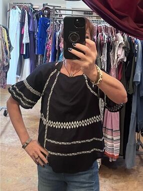 Joie Black Embroidered Short Sleeve Blouse